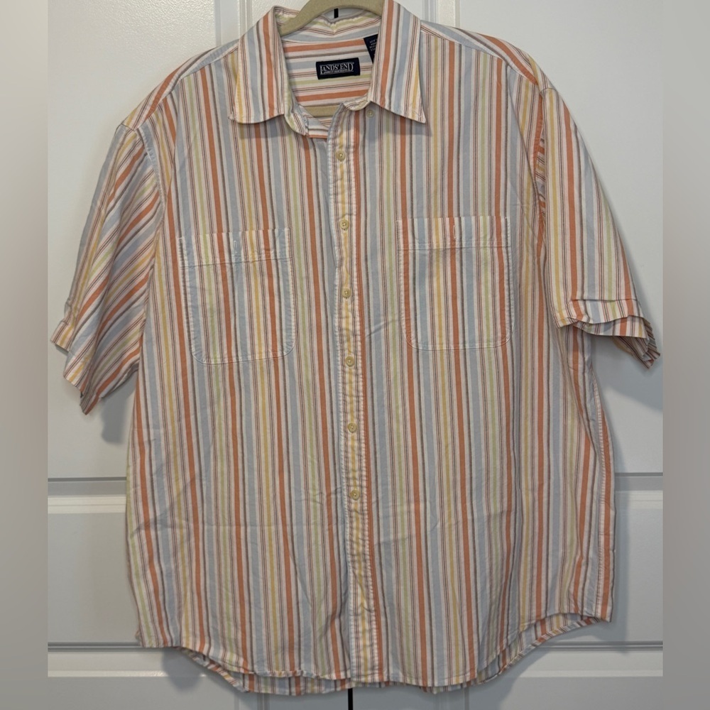 Lands’ End Men’s XL Short Sleeve Button Front Shirt Striped Cotton Casual